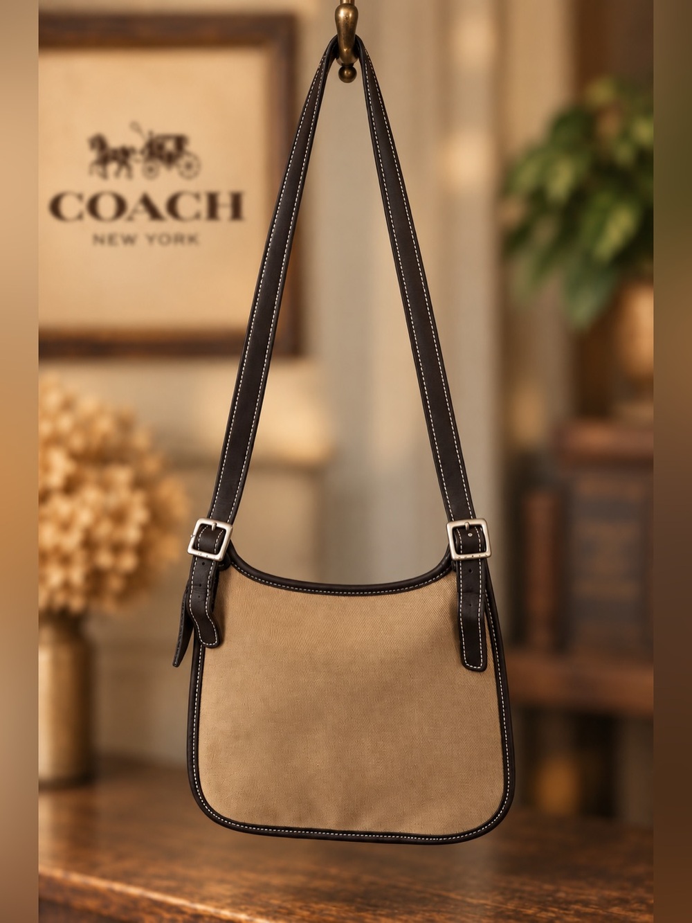Vintage Coach Small Greenwich Hippie Bag – Tan Canvas & Dark Brown/ black